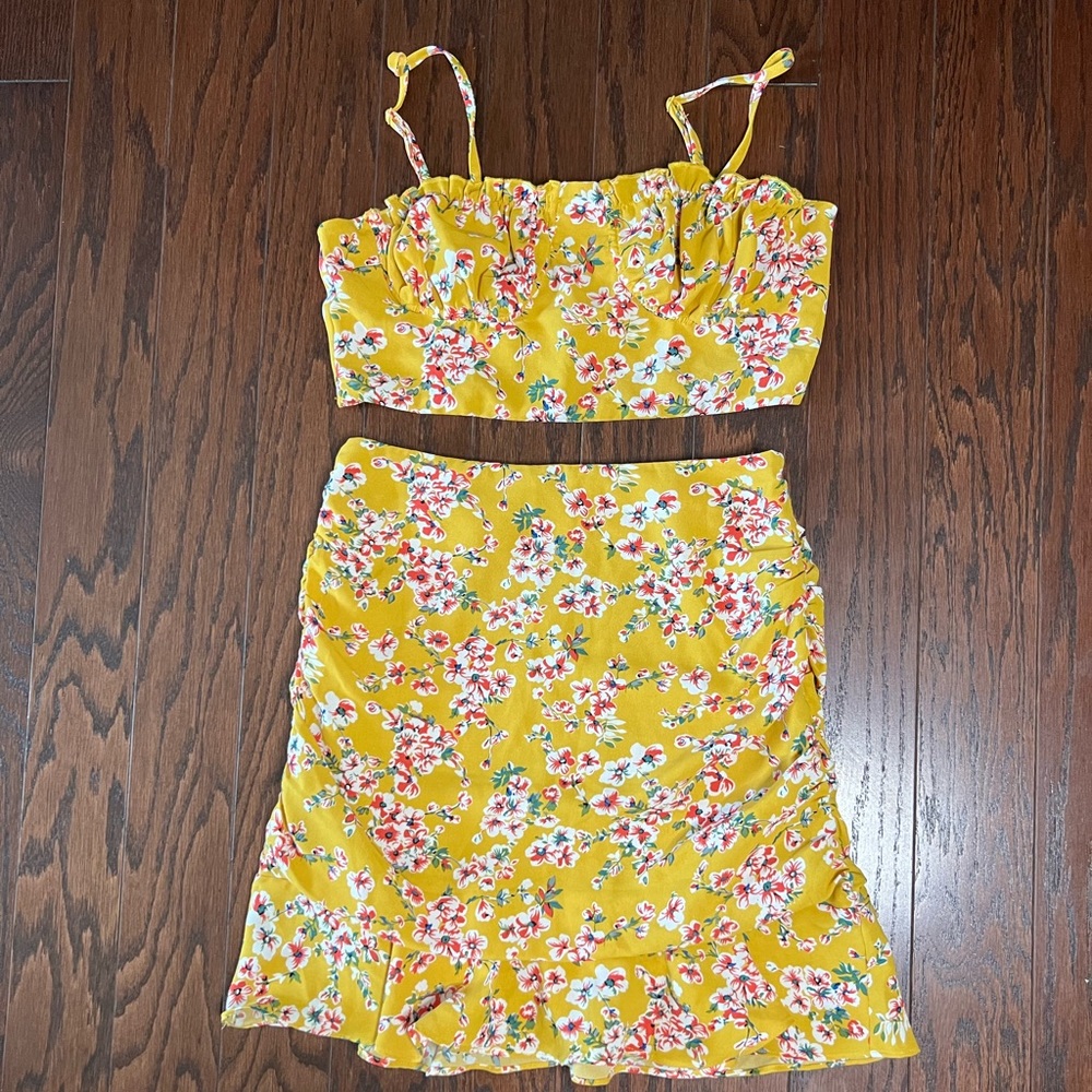 Missy Empire yellow floral 2-piece skirt set
